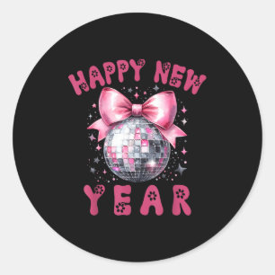 Sticker Rond Bonne Année 2026 Coquette Nk Nœud Boule Disco Femm
