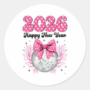 Sticker Rond Bonne année 2026 Coquette Nœud & Boule Disco