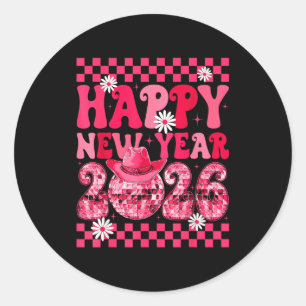 Sticker Rond Bonne Année 2026 Cowgirl Cowboy Boule à Facettes F
