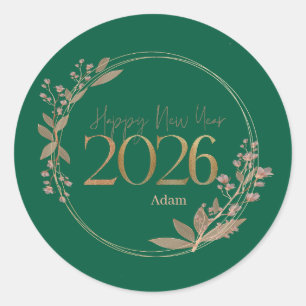 Sticker Rond Bonne Année Élégante 2026 Personnalisé vert & Or
