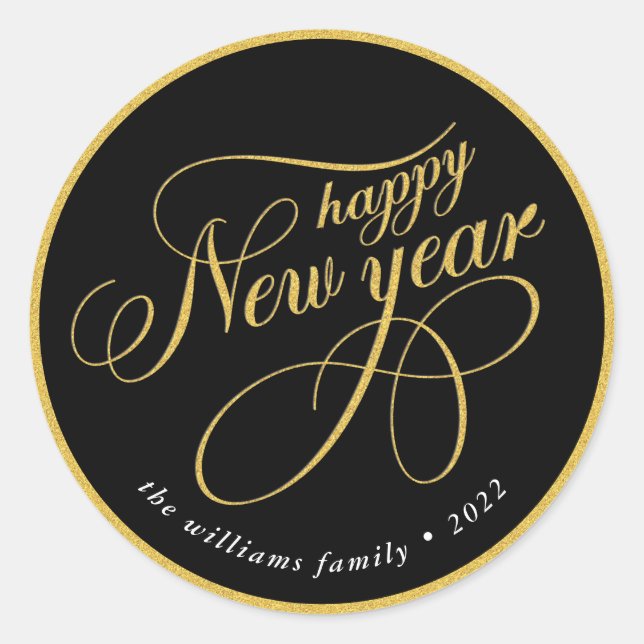 Sticker Rond Bonne année Gold & Black Typographie (Devant)