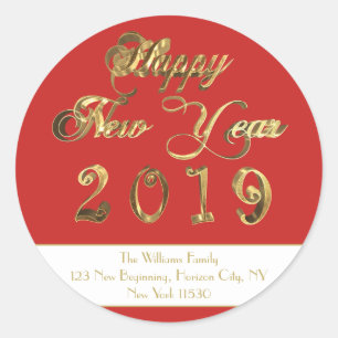 Sticker Rond Bonne année manuscrit d'or rouge et blanc de 2019