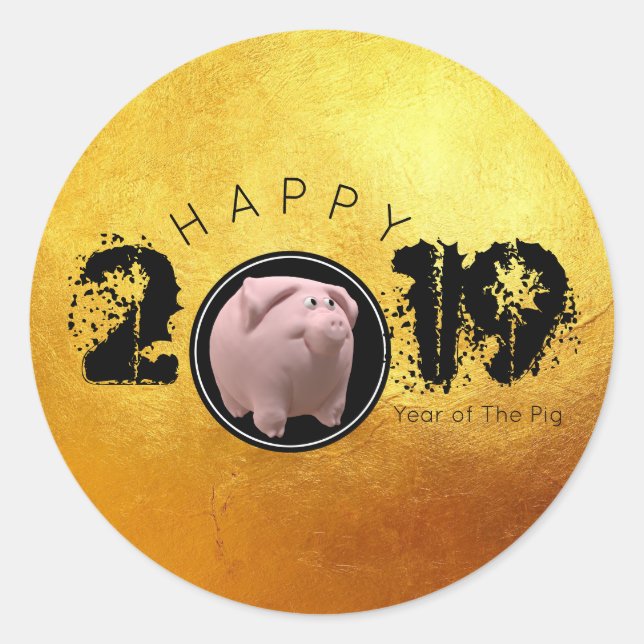 Sticker Rond Bonne année PIg 2019 Original 3D or 2 Round S (Devant)