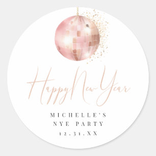 Sticker Rond Bonne Année Rose Pâle Doré Disco Balle