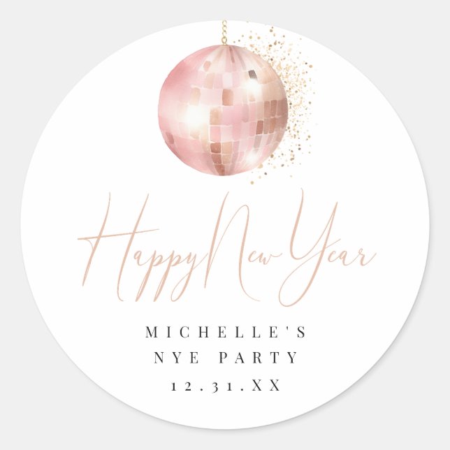 Sticker Rond Bonne Année Rose Pâle Doré Disco Balle (Devant)