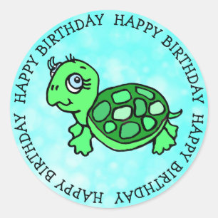 Sticker Rond Bonne Anniversaire Mignonne Tortue Tropicale