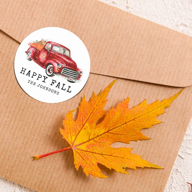 Sticker Rond Bonne Automne Citrouilles de Camion Rouge (Happy Fall Red Truck Pumpkins Classic Round Sticker)