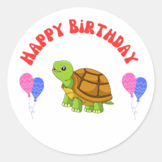 Sticker Rond Bonne carte de tortue d'anniversaire avec ballons 