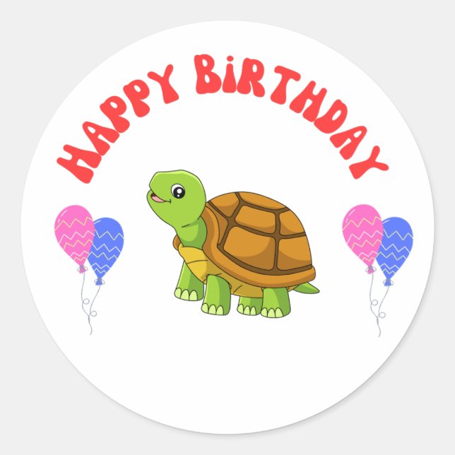Sticker Rond Bonne carte de tortue d'anniversaire avec ballons  (Devant)