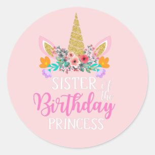 Sticker Rond Bonne fête d'anniversaire Soeur Unicorn Pink