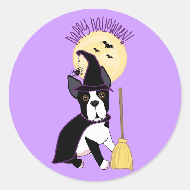 Sticker Rond Bonne Halloween Boston Terrier Witch (Devant)