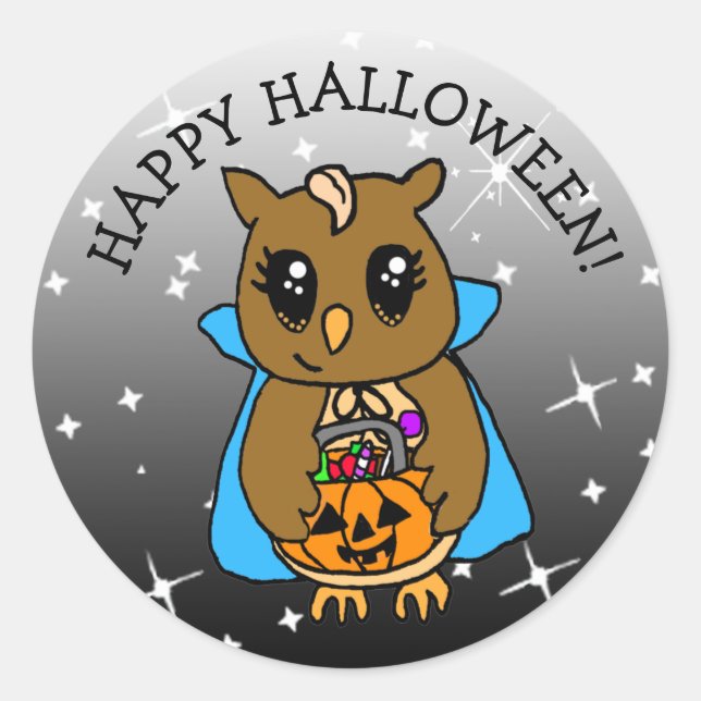 Sticker Rond Bonne Halloween chouette Whimsical Owl avec bonbon (Devant)