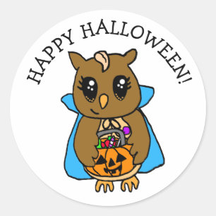 Sticker Rond Bonne Halloween chouette Whimsical Owl avec bonbon