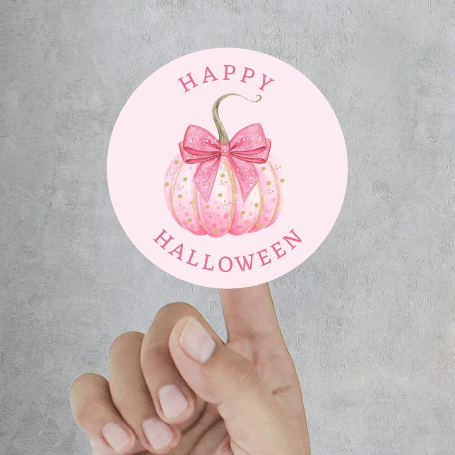 Sticker Rond Bonne Halloween Coquette Rose Bow Citrouille (Happy Halloween Pink Coquette Bow Pumpkin Classic Round Sticker
)