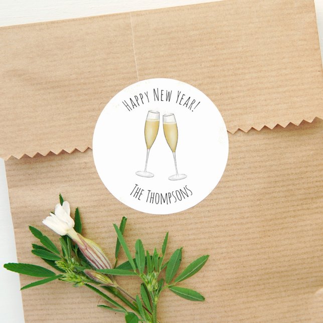 Sticker Rond Bonne Nouvel An Aquarelle Champagne Mignonne Amusa (Créateur téléchargé)