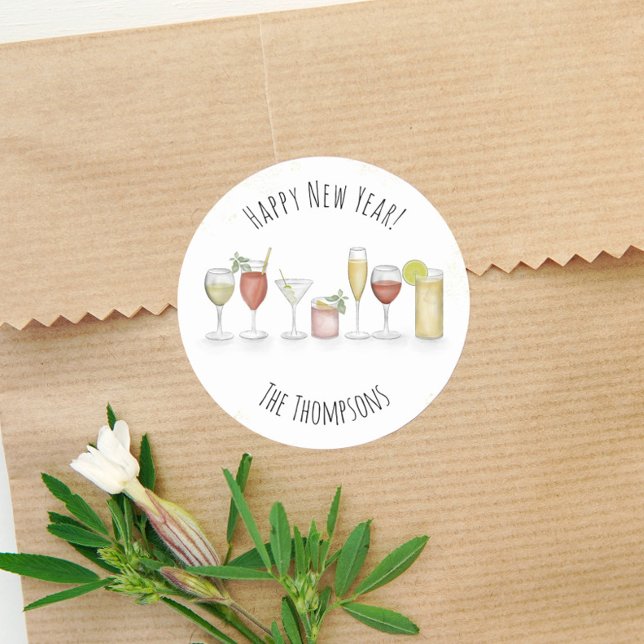 Sticker Rond Bonne Nouvel An Aquarelle Cute Cocktail Boissons (Créateur téléchargé)