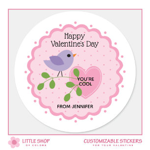 Sticker Rond Bonne Saint Valentin Coeur rose avec oiseau