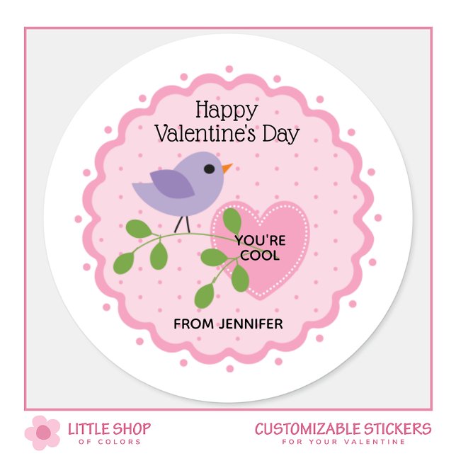 Sticker Rond Bonne Saint Valentin Coeur rose avec oiseau (Créateur téléchargé)