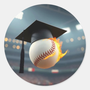 Sticker Rond Bonnet de fin d'études sur un baseball flamboyant