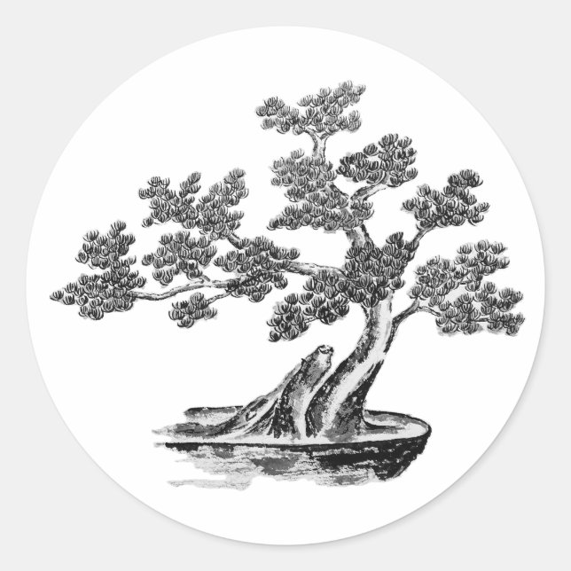 Sticker Rond Bonsai - Style chinois - noir et blanc (Devant)