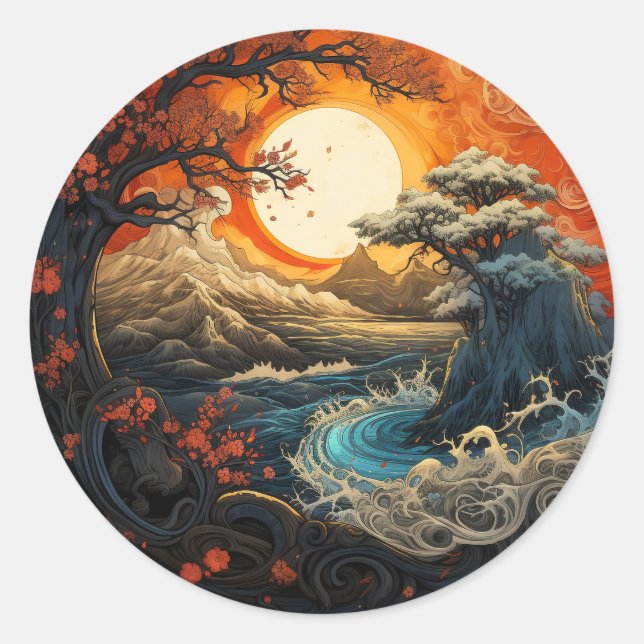 Sticker Rond Bonzai Tree Wave Yin Yang Arts martiaux (Devant)