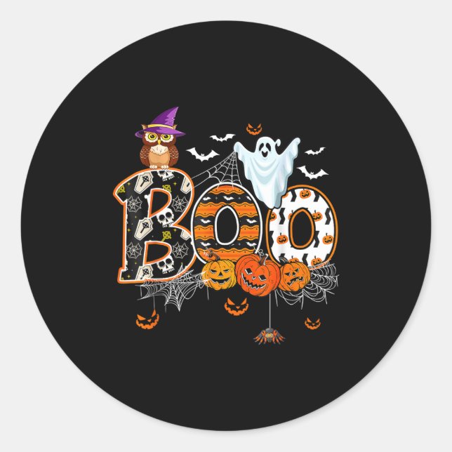 Sticker Rond Boo Creepy Owl Pumpkin Ghost Halloween Men Women K (Devant)