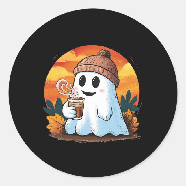 Sticker Rond Boo Ghost Boire Café Halloween Costumes Femme (Devant)