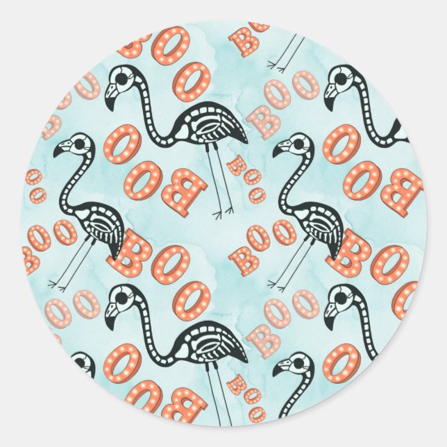 Sticker Rond Boo Halloween | Flamant rose Skeleton (Devant)