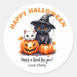 Sticker Rond Boo ! Happy Halloween convivial fantôme & chat