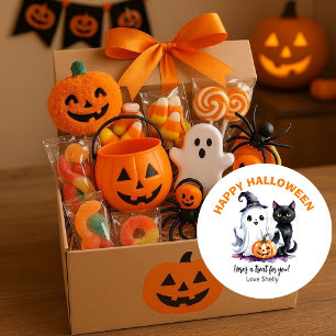 Sticker Rond Boo ! Happy Halloween convivial fantôme & chat