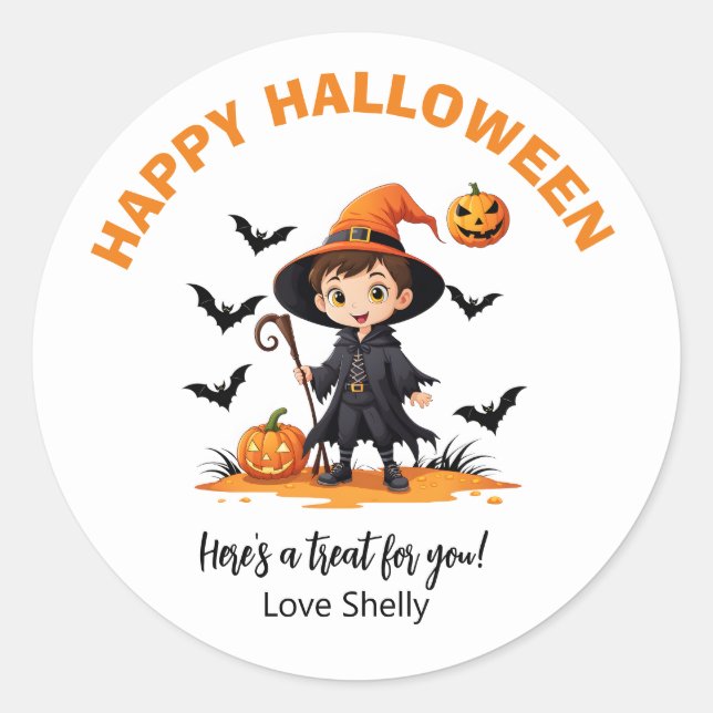 Sticker Rond Boo ! Happy Halloween convivial fantôme & chat (Devant)