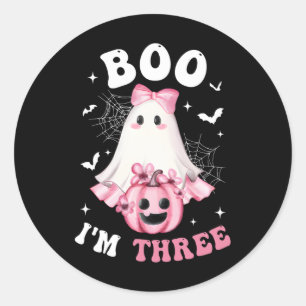 Sticker Rond Boo Je suis trois 3ème anniversaire fille rose Bow