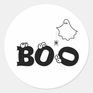 Sticker Rond Boo Noir et Blanc Drôle Halloween Spider Fantôme