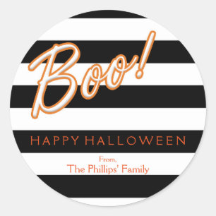 Sticker Rond BOO Orange Halloween Noir Blanc Rayé Fête
