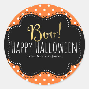 Sticker Rond BOO ! Polka blanc et orange point Halloween Favori