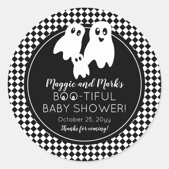 Sticker Rond BOO - TIFUL Baby shower BW Halloween Merci (Devant)