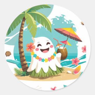 Sticker Rond Boo tropical - Kawaii Hawaiian Ghost Vacances