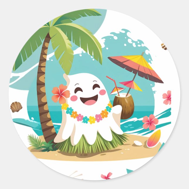 Sticker Rond Boo tropical - Kawaii Hawaiian Ghost Vacances (Devant)