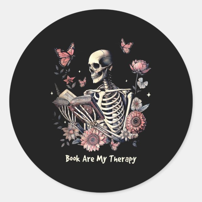Sticker Rond Book Are My Therapy Skeleton Book Reading Floral B (Devant)