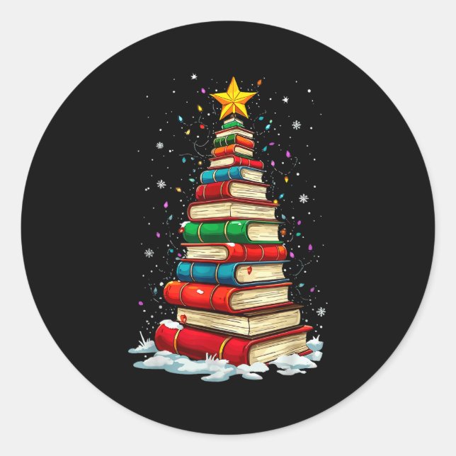 Sticker Rond Book Christmas Tree Book Lover Teacher Librarian  (Devant)