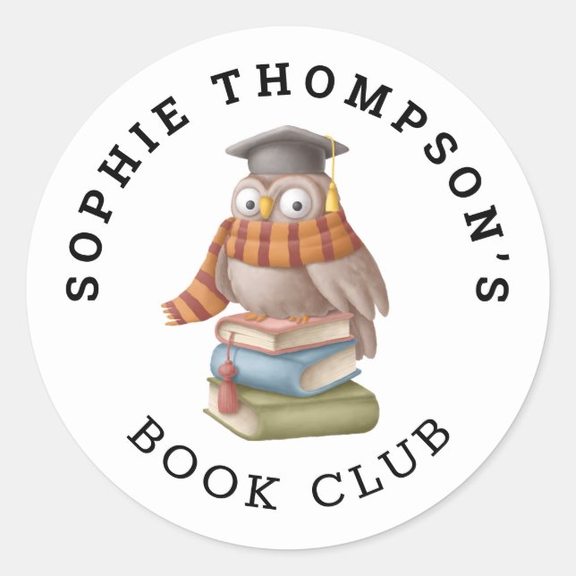 Sticker Rond Book Club Name Cute Owl Casquette Books Caricature (Devant)
