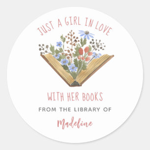 Sticker Rond Book Lover Open Book Flowers Library Bookplate