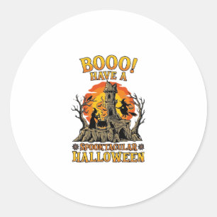 Sticker Rond Booo Spooktacular Halloween Sorcière Chaudron Chât