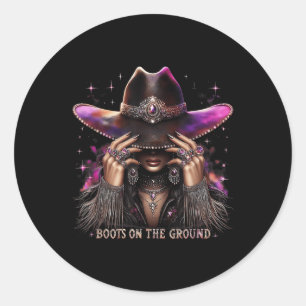 Sticker Rond Boot Boot Cowboy Sur Le Terrain Western Cowgirl Li
