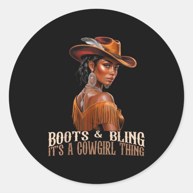 Sticker Rond Boots &amp; Bling It's Cowgirl African Women Black (Devant)