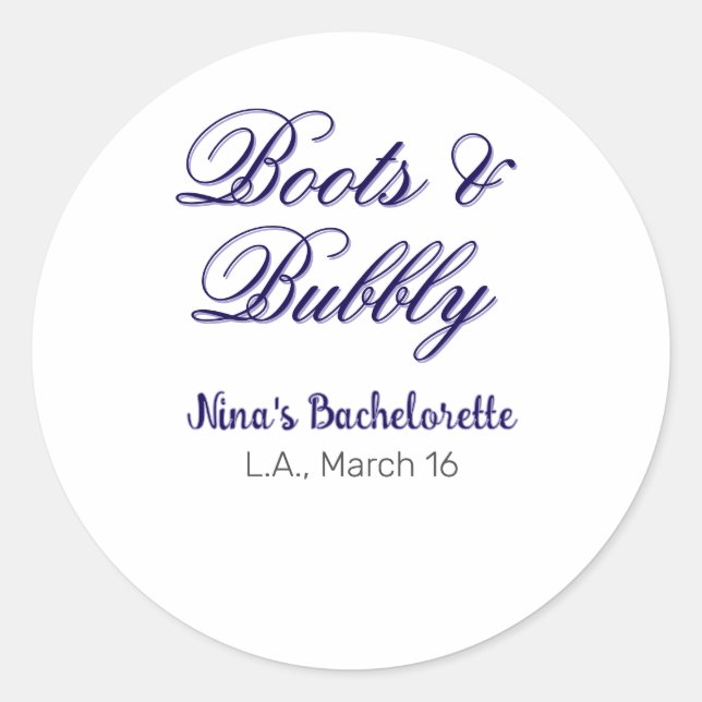Sticker Rond Boots & Bubble nom de fête de bachelorette purplep (Devant)