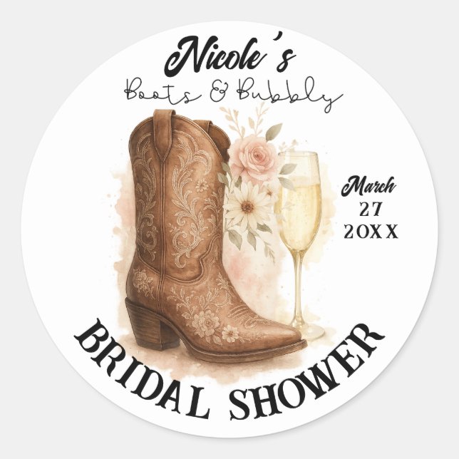 Sticker Rond Boots & Bubbly Country Western Boot Fête des marié (Devant)