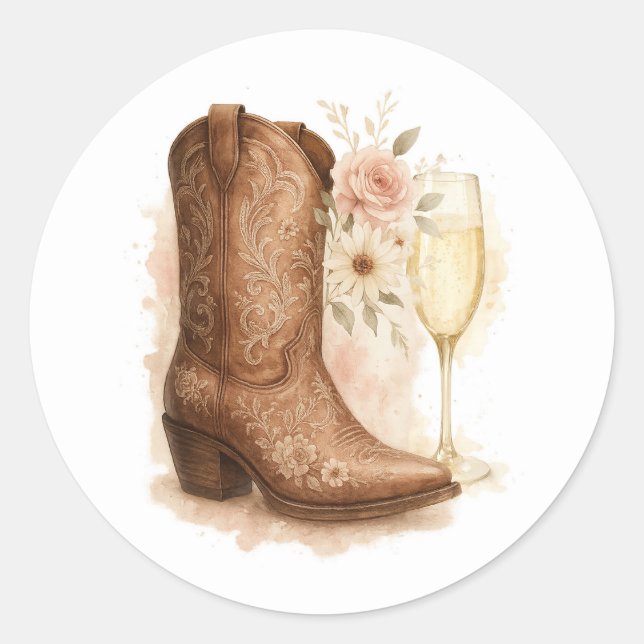 Sticker Rond Boots & Bubbly Country Western Boot Fête des marié (Devant)