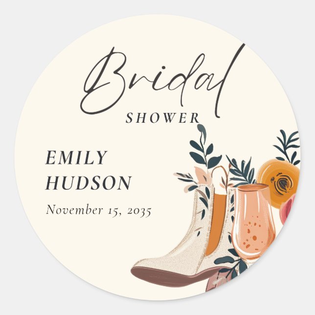 Sticker Rond Boots & Bubbly Réception de Mariage Western (Devant)