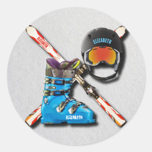 Sticker Rond Boots De Ski Alpin Casque Googles Avec Votre Nom